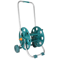 Chariot dévidoir sur roues Sayim en plastique vert turquoise et cadre aluminium pour tuyau d'arrosage.