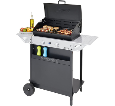 Campingaz Barbecue à gaz Xpert 200 L Vario, Barbecue compact 2 brûleurs, Puissance 7.1kW, Grille et plancha en acier, 2 tablettes latérales et chariot en acier