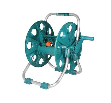 Dévidoir manuel compact Sayim sur pied, tambour vert turquoise, capacité 50 mètres pour tuyau d'arrosage.