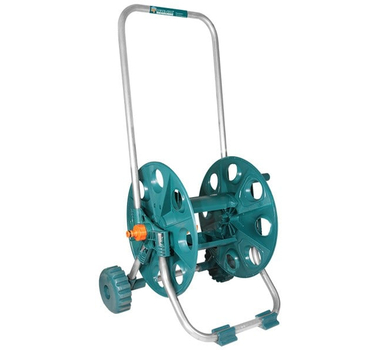 Chariot dévidoir sur roues Sayim en plastique vert turquoise et cadre aluminium pour tuyau d'arrosage.